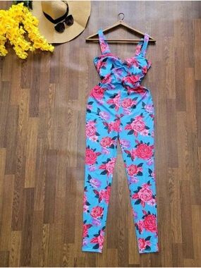 Forever 21 Turquoise Floral Cutout Jumpsuit with Pink Rose Print